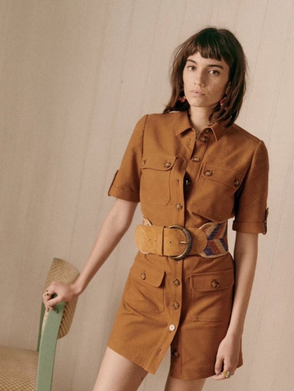 NWT Sezane Jackie in Camel Cotton Belted Mini Shirt Dress 38 / US 6